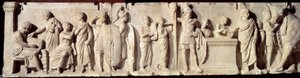 Antikkens Roma: relieff kjent som Domitius Ahenobarbus, episode av en folketelling: registrering av borgere og ofring til guden Mars. Omtrent 100 f.Kr. Søn 2 m. Paris, Louvre-museet av Roman