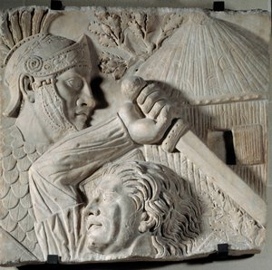 Art of old Rome: Barbarian som kjemper mot en romersk legionær. Lavrelieff, begynnelsen av 200-tallet etter JC. Roma, Trajan-forum. Sol: 0,84x0,88m. Paris, Musée du Louvre av Roman
