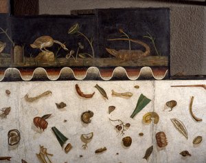 "Asarotos" (gulv unsweept) Fragmenter av mosaikk signert av Harakliton fra Roma, 2. århundre e.Kr., Roma av Roman