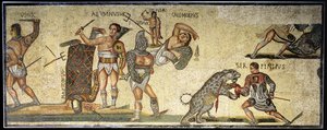 Kamp mellom gladiatorer og villkatter, 320 e.Kr. (mosaikk) av Roman
