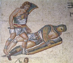 Battle between Gladiators, detalj av en gladiator som fester en annen til bakken, 320 AD (mosaikk) av Roman