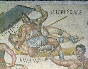 Battle between Gladiators, detalj av en gladiator som fester en annen til bakken, 320 AD (mosaikk) av Roman