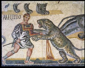 Slaget mellom gladiatorer mot villkattene, detalj som viser en gladiator som løper gjennom en villkatt, 320 e.Kr. (mosaikk) av Roman