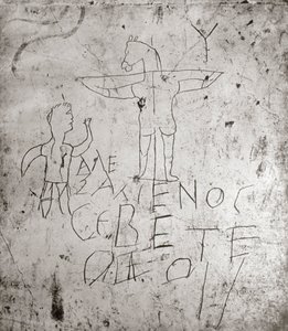 Blasfemisk graffito av en korsfestelse (stein)