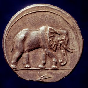 Karthaginsk sivilisasjon: medalje som representerte en elefant som tillot den karthagiske general Hannibal (247-183 f.Kr.) å krysse Alpene i 218 f.Kr. under den andre puniske krigen. 3. århundre f.Kr. Paris, B.N. av Roman