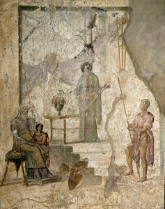 Cassandra profeterer Trojas fall, faren Priamos, som sitter til venstre, broren Paris, holder Discord-eplet og en kriger lener spydet sitt (sannsynligvis Hector) - Fresco av Roman