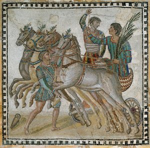 Vogn (quadriga) løp med vognførerne i startposisjon og en brudgom nær den hvite hesten (i forgrunnen) - Mosaikk, 3. århundre av Roman