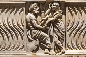 Dekorasjon på en sarkofag, bilde av en filosof og muse (marmor) av Roman