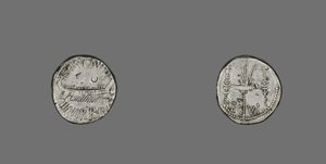 Denarius som skildrer en bysse, 31 f.Kr. (sølv) av Roman