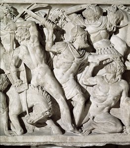 Detalj av en sarkofag som viser en kamp mellom romerne og galaterne stein
