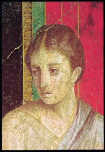 Detalj av hodet til den sittende mor, fra katekismescenen, Nordmuren, Oecus 5, 60-50 f.Kr. fresco se også 20015 av Roman