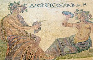 Dionysos rådgiver nymfen Akme, House of Dionysos, Pafos, Kypros (mosaikk) av Roman