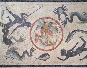 Fiskere og sjødyr, 1. århundre e.Kr. (mosaikk) av Roman