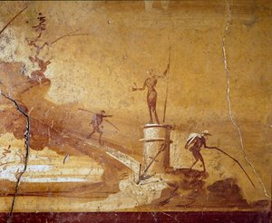 Fiskescene Detalj av en monokromatisk freske fra Herculanum (Ercolano) 1. århundre f.Kr. Napoli nasjonale arkeologiske museum n. 9493 av Roman