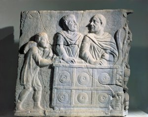 Fragment av sarkofag som viser pengeveksler, fra Roma, Viale del Re av Roman