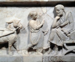 Fragment av sarkofagen til Marcus Cornelius Statius Rundt 150 e.Kr. - Detalj av en romersk sarkofag: scene av livet til et barn som representerer eleven og hans herre. Romerriket. Paris, Louvre-museet av Roman