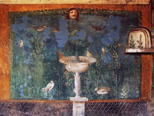 Fresco med fontene, maske og fugler, Venushuset i skall, Pompeii, Campania, Italia, romersk sivilisasjon av Roman