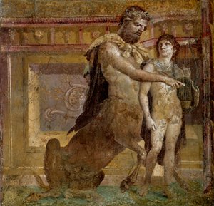 Gresk mytologi: kentauren Chiron og Achilles-barnet. Freske fra basilikaen Herculanum (Basilica di Ercolano). Romersk kunst Napoli, Museo Archeologico Nazionale - Gresk mytologi: kentauren Chiron og Achilles-barnet eller Achilles