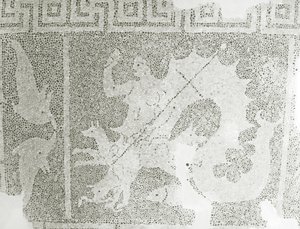 Hellenistisk rullesteinmosaikk av Scylla og Charybdis som vokter sundet, detalj av Scylla. House of Dionysos, Pafos, Kypros mosaikk av Roman