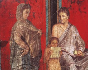 Innvielsesritualer fra Dionysos-kulten, freskomaleri fra Villa Dei Misteri av Roman