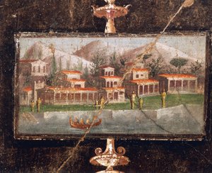 Landskap og arkitektur i veggmaleri i tablinum, House of Marco Lucrezio Fronto, Pompeii, Campania, romersk sivilisasjon av Roman