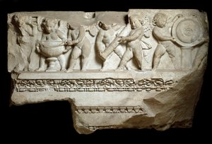 Elsker å bære armene til guden Mars, 2. århundre (marmorrelieff) av Roman