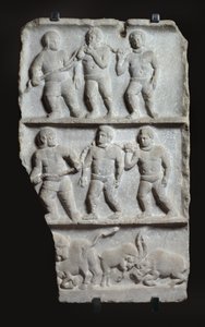Marmorrelieff med 3 registre: slaver i lenker og dyr, ca. 200 e.Kr. (marmor) av Roman