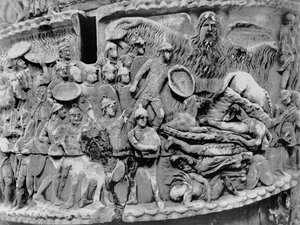 Miraculous Rain, detalj fra kolonnen til Marcus Aurelius, AD 180-196 (marmor) (s/hv-bilde) av Roman