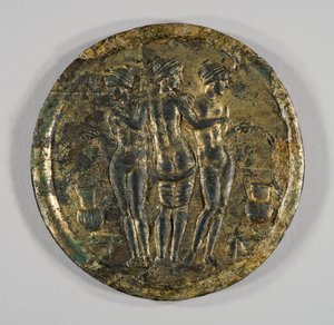 Speil med representasjon av de tre nåder, 2. århundre (sølv, forgylt bronse) av Roman