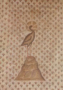 Mosaikk fortau, detalj av sentralt motiv som viser en føniks på en seng av roseknopper, fra gårdsplassen til en villa i Daphne, Antiokia, romersk, sent på 500-tallet f.Kr. marmor- og kalksteinsmosaikkdetalj av 1 av Roman
