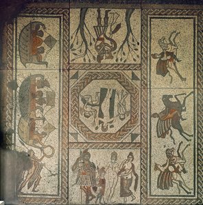 Mosaikk fortau fra den romerske villaen ved Low Ham, illustrerer historien om Dido og Aeneas fra Virgils Aeneid, ca. 350 e.Kr. (mosaikk) av Roman