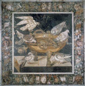 Mosaikk fra Pompeii med en gruppe duer på kanten av en labrum. 3. århundre f.Kr av Roman
