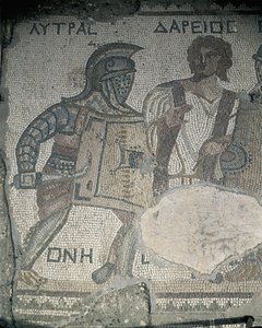 Maleri av to gladiatorer på en mosaikkvegg, Kourion, Limassol, Kypros av Roman