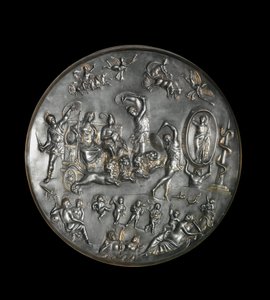 Patere de Parabiago, sølv rituell tallerken som viser triumfen til Attis (eller Atys) og Cybele på en vogn avfyrt av løver, 4. århundre. Sølv: Diameter: 40 cm. Musee archelogique de Milan. - Patera of Parabiago, rituell sølvplate, som representerer triumfe av Roman
