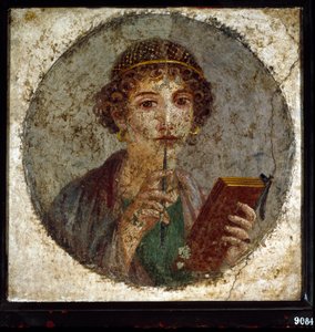 Portrett antar av Sapho (eller sappho) gresk poetinne. Romersk kvinne med bok og penn (stylus eller stil), fra Pompei, Napoli, Italia