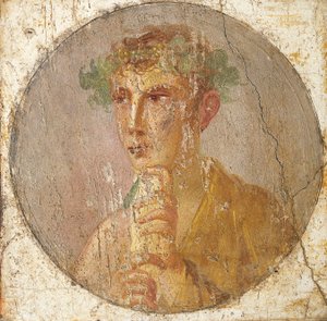 Portrett av en ung mann som holder en papyrusrulle, 55-79 e.Kr. (fresco) av Roman