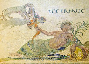 Pyramus og Thisbe, detalj av Pyramus og leoparden, House of Dionysos, Paphos, Kypros mosaikk av Roman