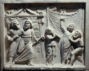 Relieff av teaterscene fra komedie 'Andria', av Publius Terentius Afer (relieff) av Roman