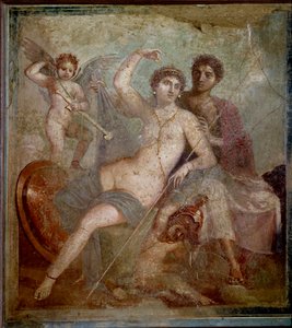 Representasjon av Ares og Afrodite, akkompagnert av elsker å leke med gudens våpen. Freske fra Villa de Mars og Venus i Pompei. 1. århundre e.Kr. Arkeologisk museum i Napoli - romersk kunst: Ares, Afrodite og Eros. Afrodite (Venus) recl av Roman