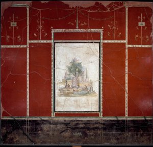 Romersk kunst: "" Bukolisk landskap og hellig "" Fresco tilskrevet mesteren av Amando. fra Boscotrecase, Agrippa Postumo villa. 1. århundre. Mål 153x98 cm Napoli, Nasjonalt arkeologisk museum av Roman