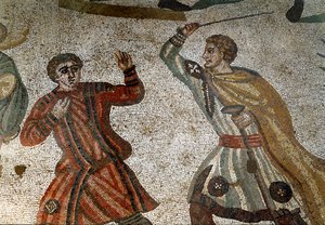 Romersk kunst: Detalj av mosaikken "" Den store jakten"" En romersk aristokrat straffer en av slavene sine med en pinne. 315-350 e.Kr. Piazza Armerina, Villa Romana del Casale av Roman