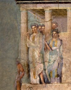 Romersk kunst: "" Iphigenie en Tauride "" Fresco tilskrevet mesteren til Lucretius Frontone. 1. århundre. Fra Pompeii. Størrelse 118x81 cm Napoli, Nasjonalt arkeologisk museum - romersk kunst: Iphigenia in Tauris. Fresco tilskrevet mesteren Lucretius Front av Roman