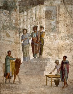 Romersk kunst: "" Jason vendt mot sin onkel Pelias"" romersk freskomaleri av den tredje pompeianske stilen fra stedet til Pompei. 40-60 e.Kr. Napoli (fresco) av Roman