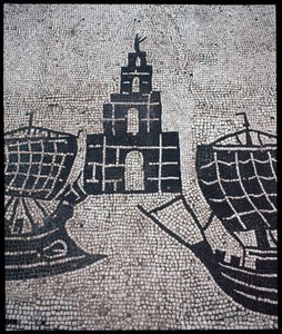 Romersk kunst: "" Fyrtårn og skip"" Mosaikk av Corporation des gens de la mer, Place des Corporations av Roman