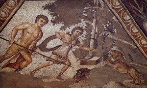 Romersk kunst: Mosaikk av årstidene fra gårdsplassen til den konstantinske villaen "" Daphne"" som representerer to jegere. Detalj. Fra Faubourg av Antioche-sur-l
