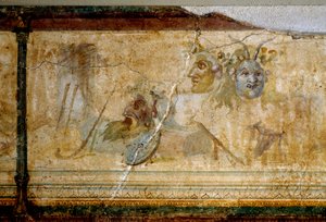Romersk kunst: "" Stilleben med teatermasker "" Detalj. Fresco rundt 25-19 f.Kr. Dim. 23 cm Roma, National Roman Museum (eller Terme) av Roman