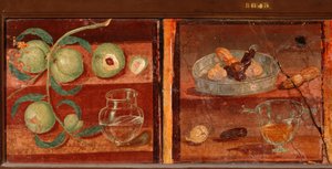 Romersk kunst: "" Stilleben av fersken og tørket frukt"" Romersk freskomaleri fra Pompeii. 1. århundre f.Kr.-1. århundre e.Kr. Bevar på det nasjonale arkeologiske museet i Napoli. Italia av Roman