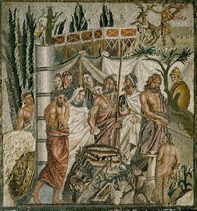 Romersk kunst: "" The Sacrifice of Iphigenie "" Kong Agamemnon ofrer datteren sin for å dempe sinnet til Artemis (Diana). Mosaikk fra det 1. århundre f.Kr. Museum of Ampurias (Empurias), Spania av Roman
