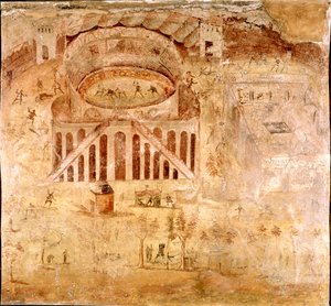 Romersk kunst: "" Voldelig kamp mellom innbyggerne i Nocera og pompeierne i amfiteateret i Pompei i 59 e.Kr."" Detalj av en freskomaleri. 1. århundre e.Kr. Fra Pompei-området. Napoli, Museo Archeologico Nazionale av Roman