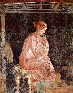Romersk kunst: "" Ung kvinne sittende"" (Sittende ung dame) Romersk freskomaleri av 3. pompeiansk stil fra Pompei (fresko fra Pompeii) 40-60 e.Kr. av Roman